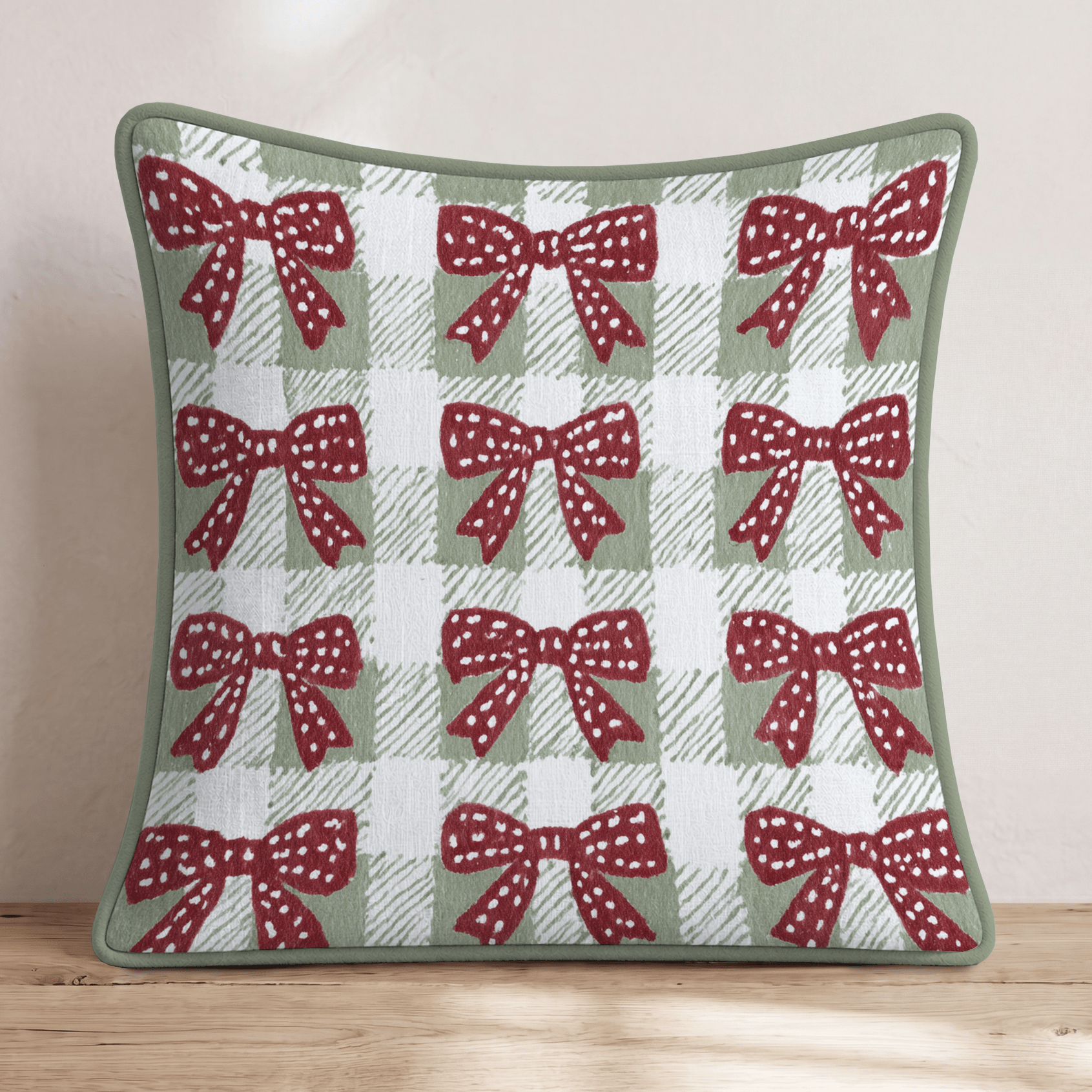 Gingham Christmas Bows Throw Pillow - Hillcroft Home
