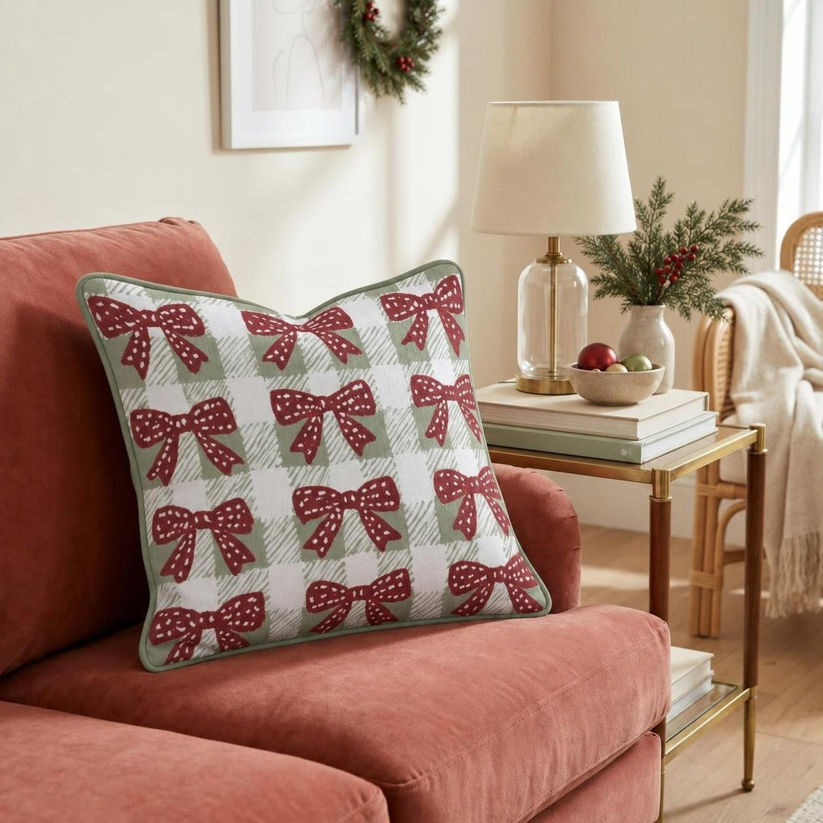 Gingham Christmas Bows Throw Pillow throw pillow - Hillcroft Home