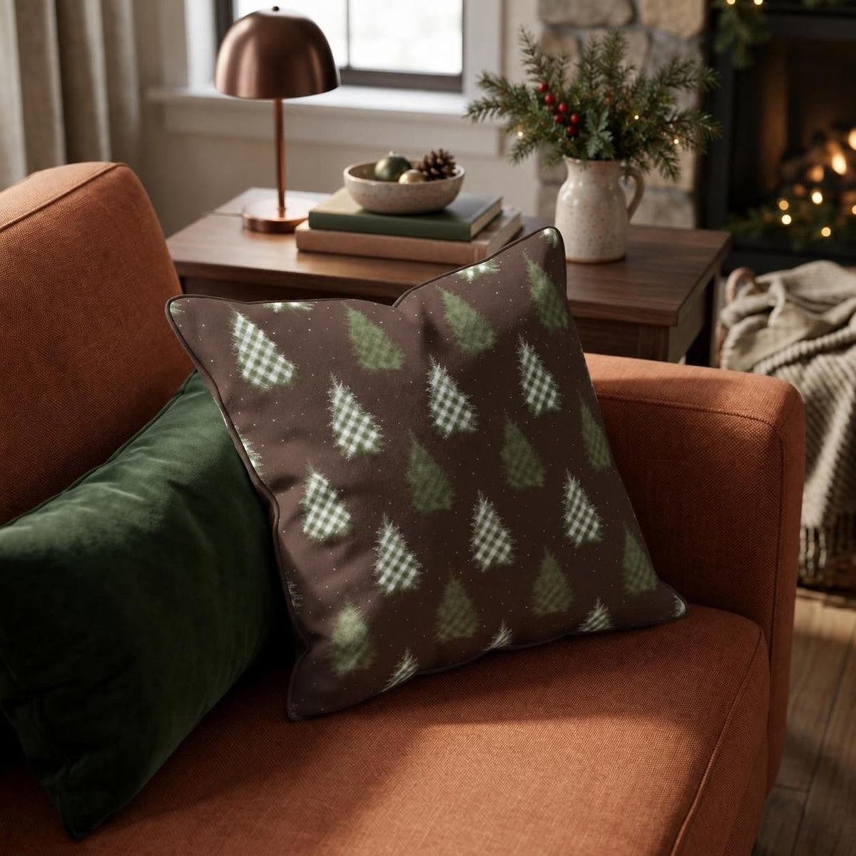 Gingham Christmas Trees Throw Pillow throw pillow - Hillcroft Home