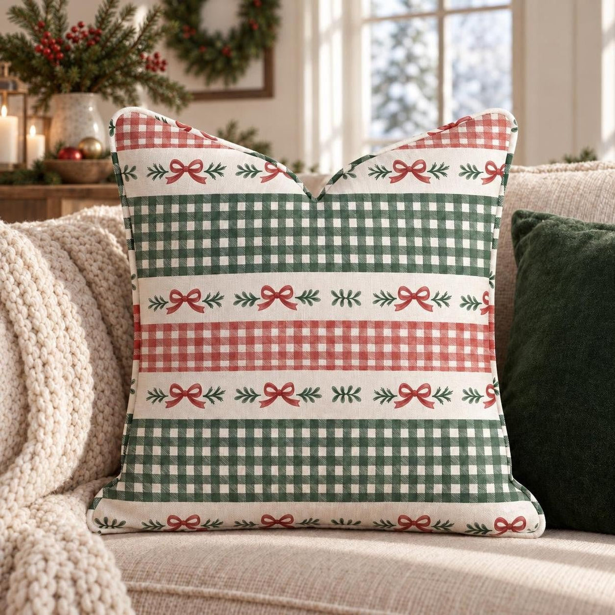 Gingham & Mistletoe Throw Pillow throw pillow - Hillcroft Home
