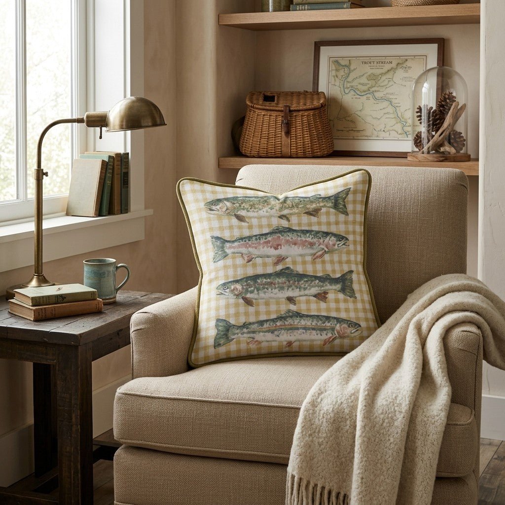 Gingham With Fish Throw Pillow - Hillcroft Home
