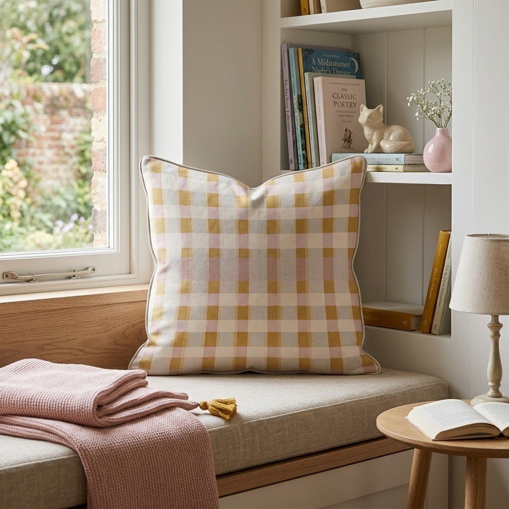 Gold Pink Woven Plaid Throw Pillow - Hillcroft Home