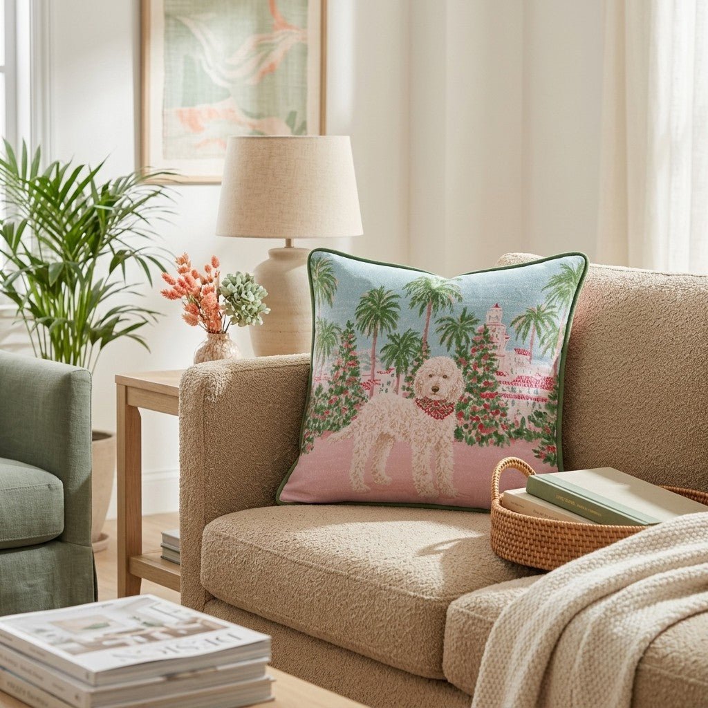 Golden Doodle California Christmas Glow Throw Pillow - Hillcroft Home