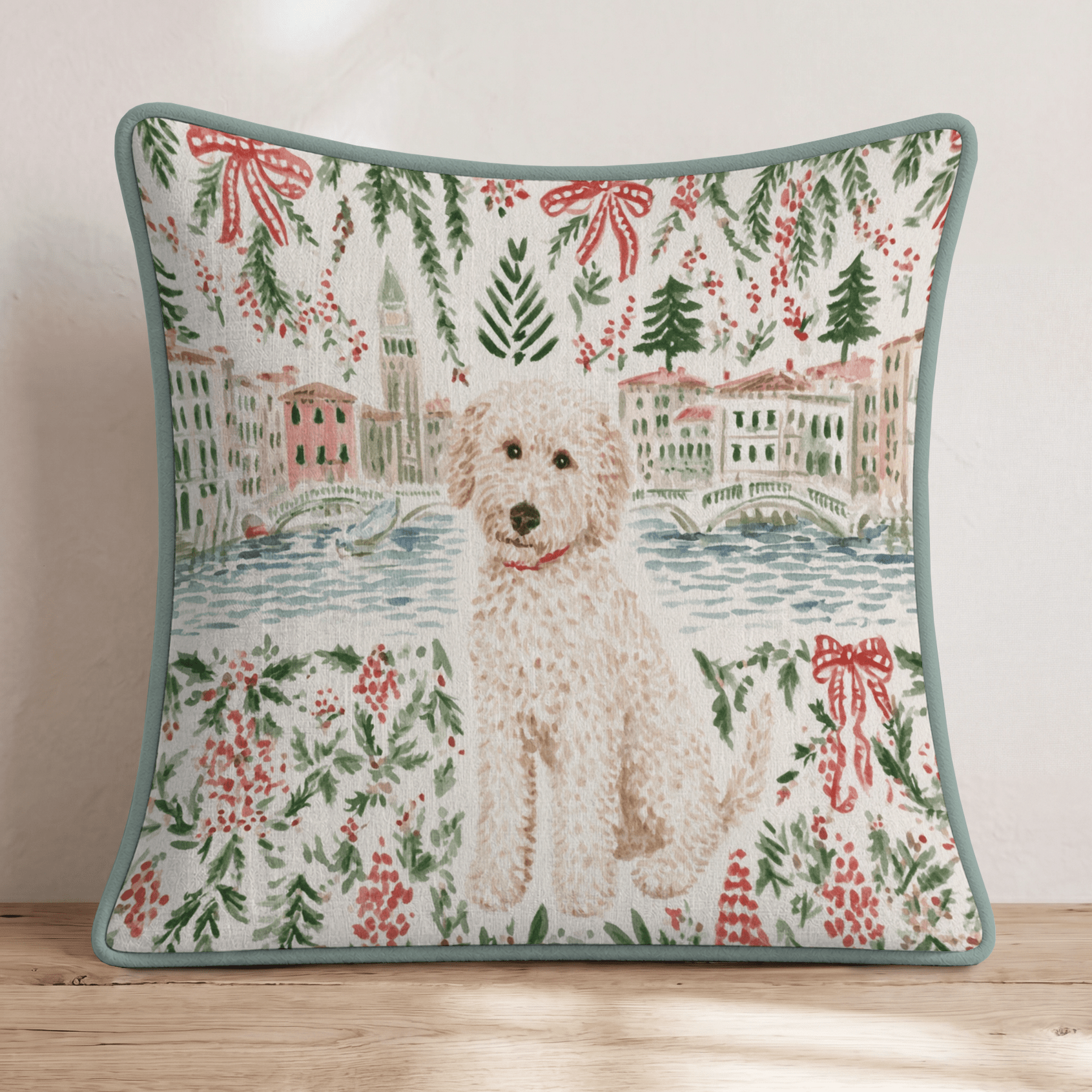 Golden Doodle Italian Christmas Market Throw Pillow - Hillcroft Home