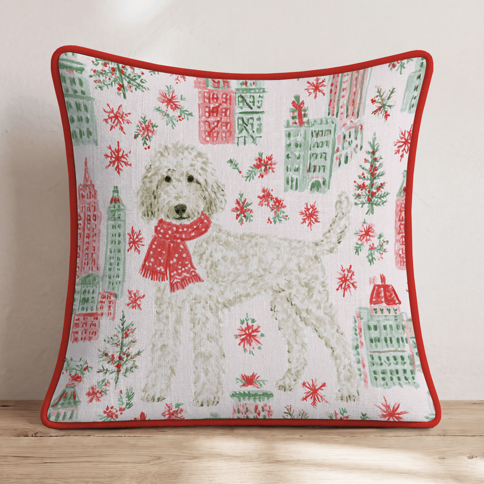 Golden Doodle NYC Christmas Eve Throw Pillow - Hillcroft Home