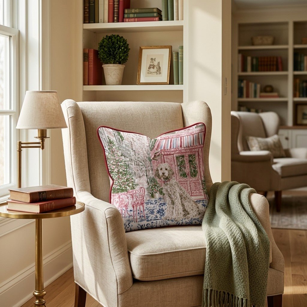 Golden Doodle NYC Holiday Stroll Throw Pillow - Hillcroft Home