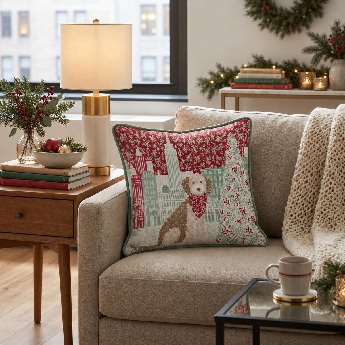 Golden Doodle NYC Winter Wonderland Throw Pillow throw pillow - Hillcroft Home