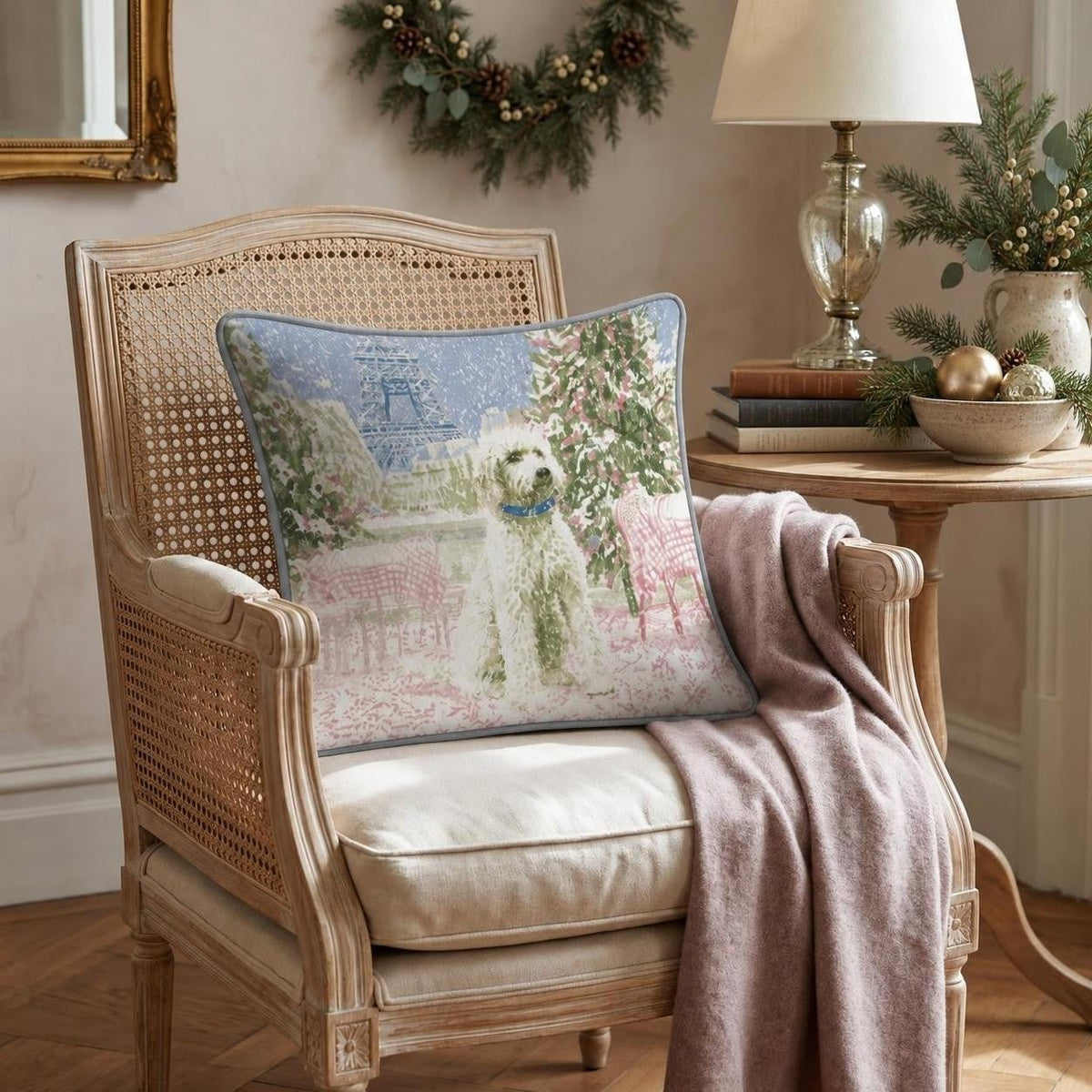 Golden Doodle Paris Under the Mistletoe Throw Pillow throw pillow - Hillcroft Home