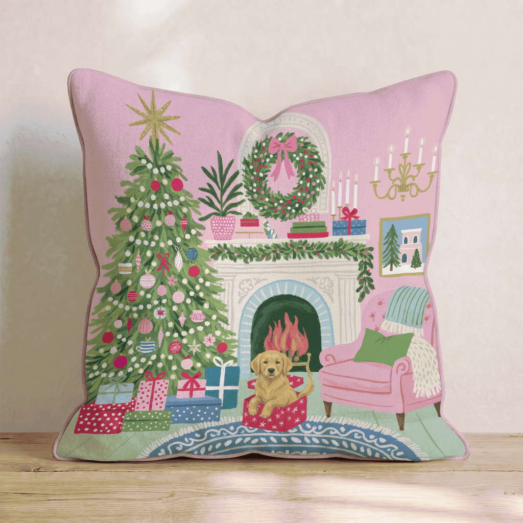 Golden Retriever Christmas Parlor Throw Pillow - Hillcroft Home