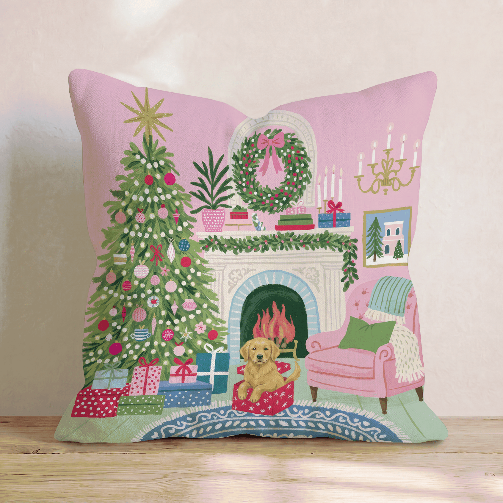 Golden Retriever Christmas Parlor Throw Pillow - Hillcroft Home