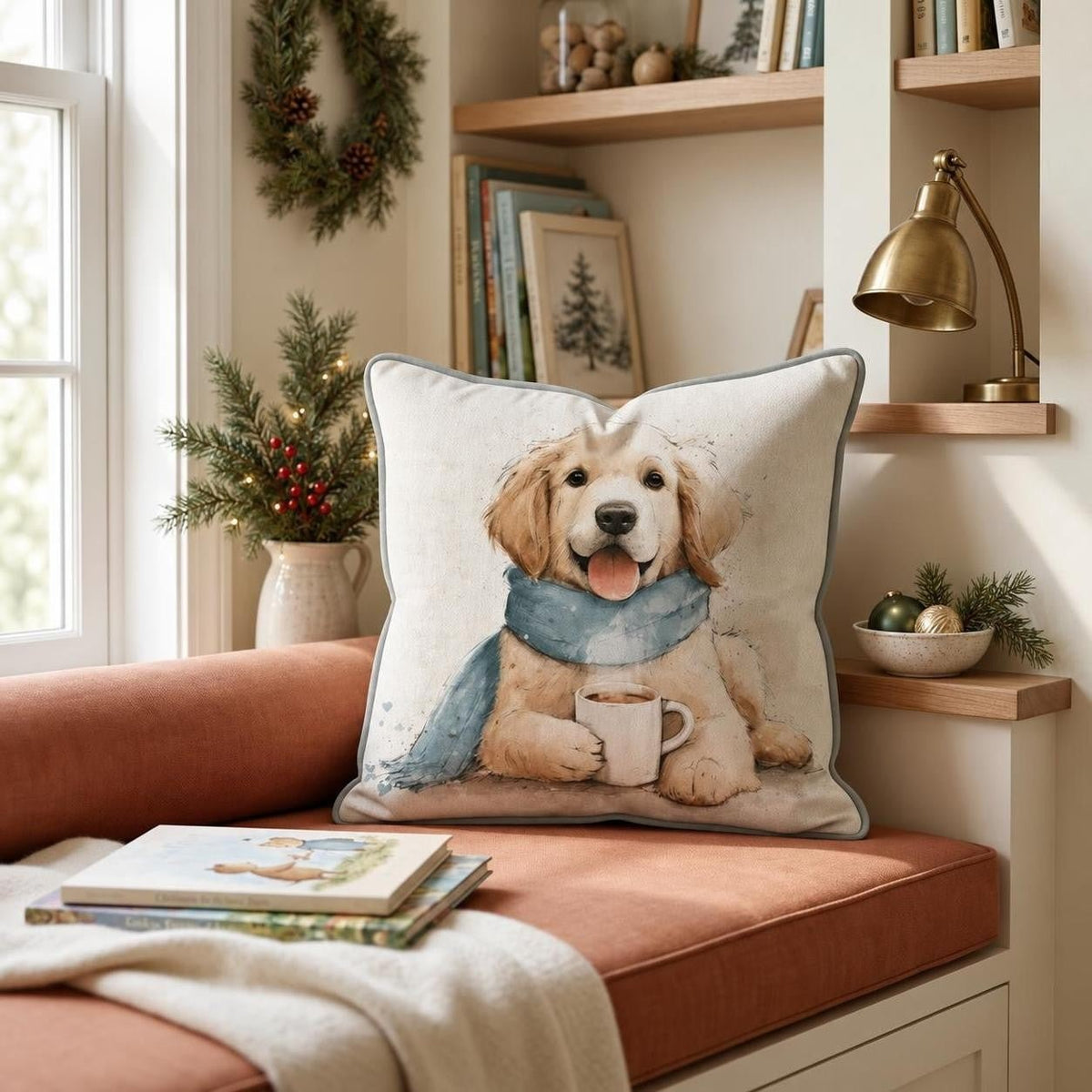 Golden Retriever Cozy Cocoa Throw Pillow throw pillow - Hillcroft Home