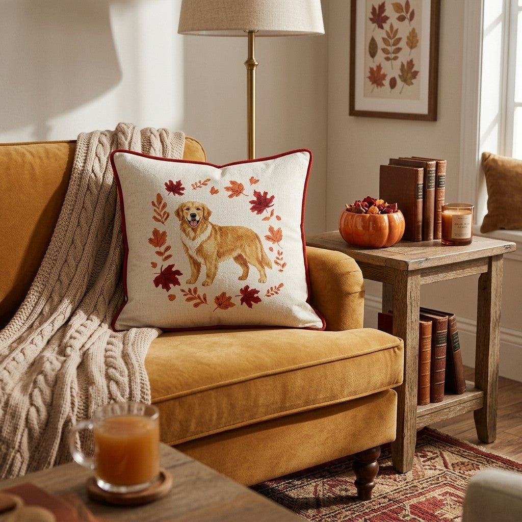 Golden Retriever Fallen Leaves Throw Pillow - Hillcroft Home