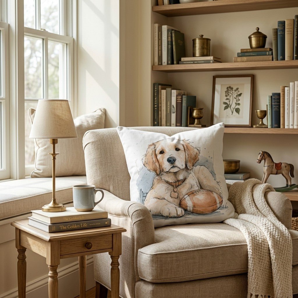 Golden Retriever Football Pup Throw Pillow - Hillcroft Home