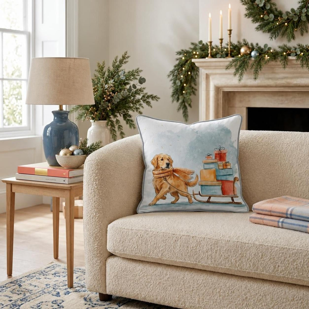 Golden Retriever Gift Sled Throw Pillow throw pillow - Hillcroft Home