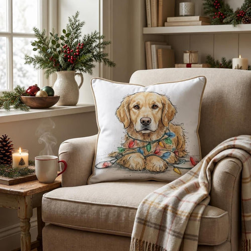 Golden Retriever Tangled In Christmas Lights Throw Pillow throw pillow - Hillcroft Home