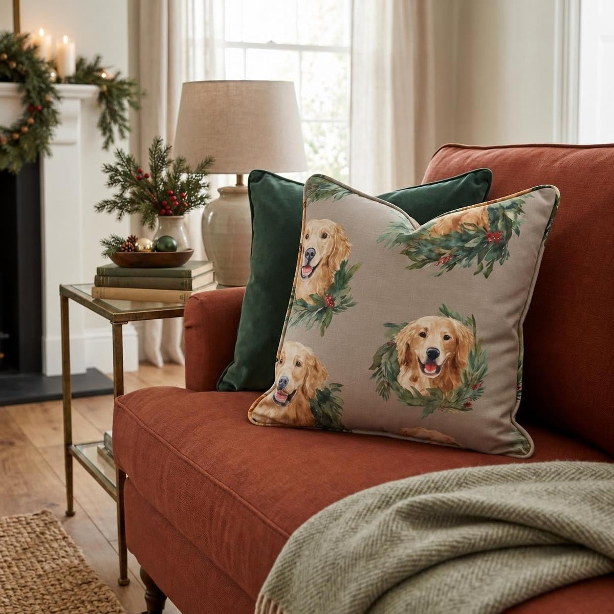 Golden Retriever Wreaths Throw Pillow throw pillow - Hillcroft Home