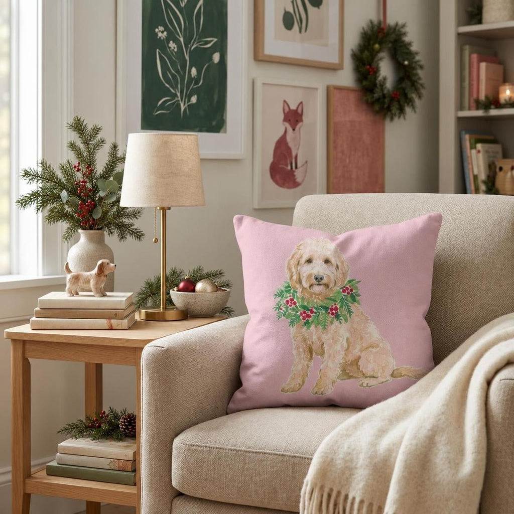 Goldendoodle Berry Wreath Throw Pillow throw pillow - Hillcroft Home