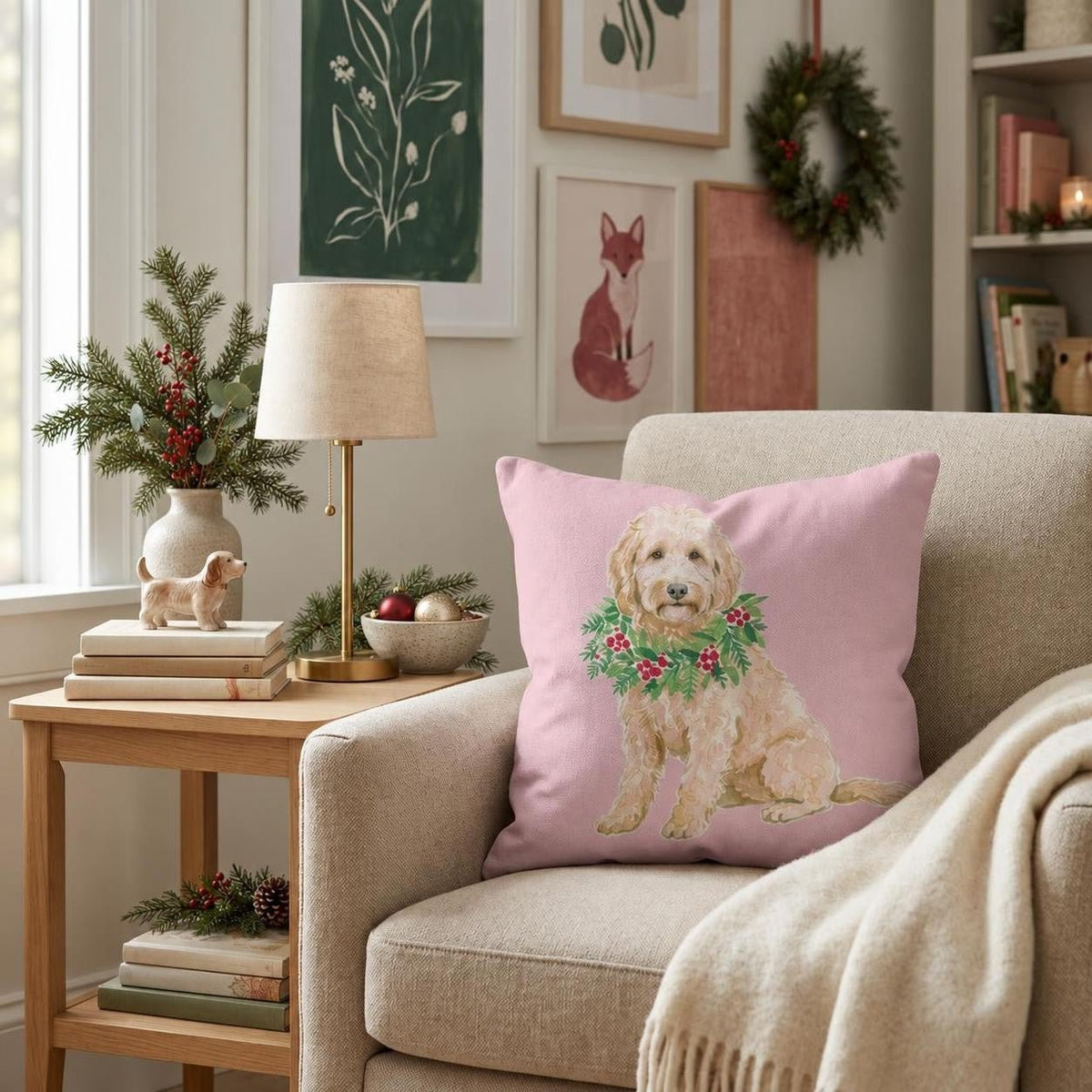 Goldendoodle Berry Wreath Throw Pillow throw pillow - Hillcroft Home