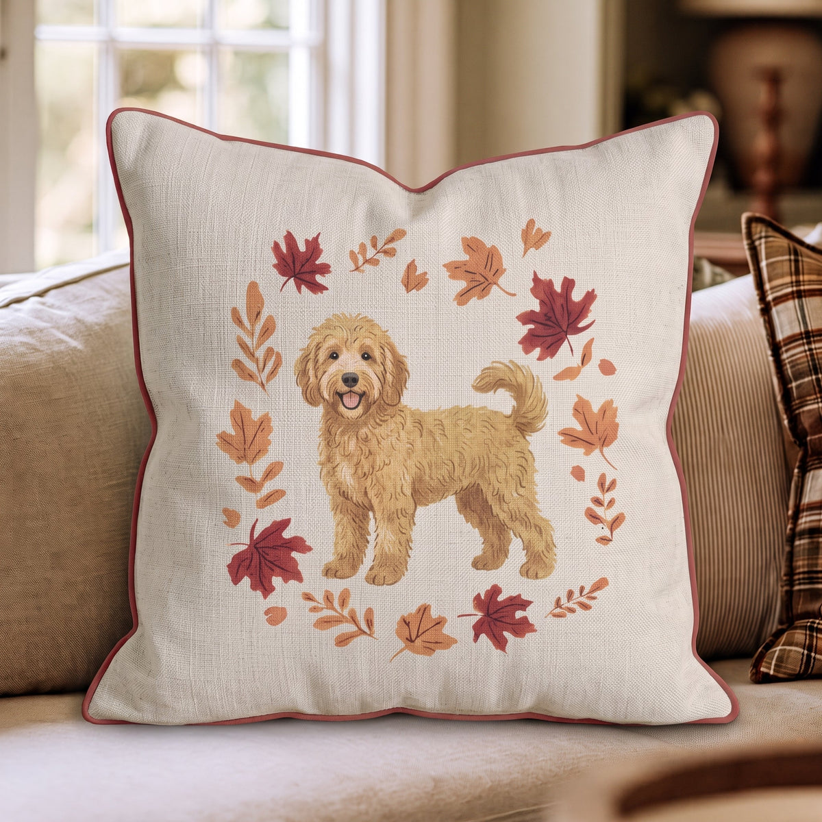 Goldendoodle Fallen Leaves Throw Pillow throw pillow - Hillcroft Home
