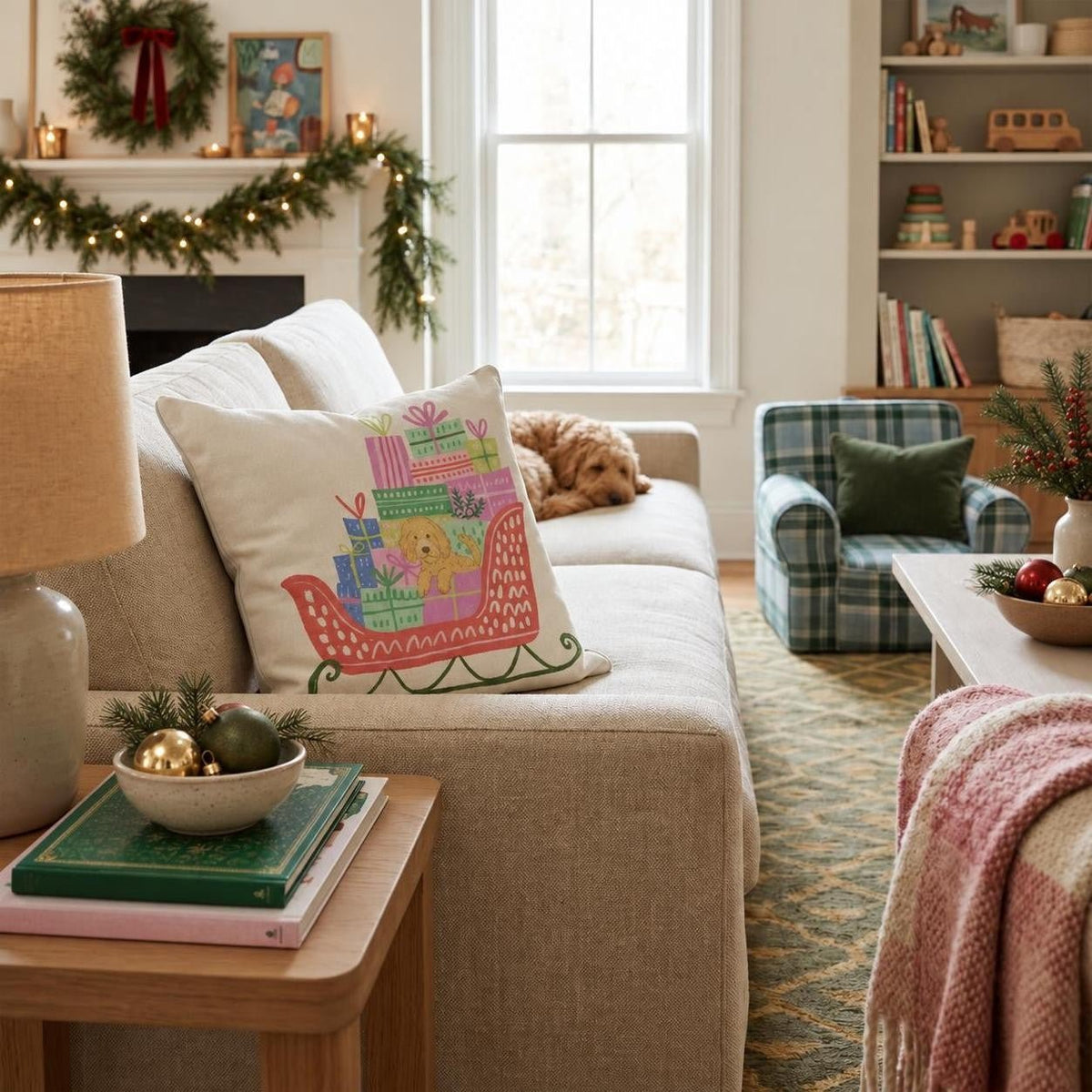 Goldendoodle Gift Sleigh Throw Pillow throw pillow - Hillcroft Home