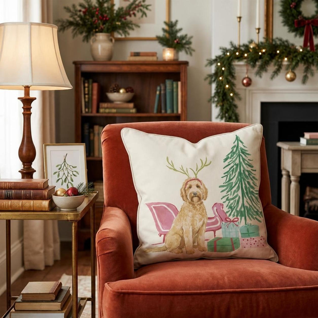 Goldendoodle Sleigh Ride Throw Pillow throw pillow - Hillcroft Home