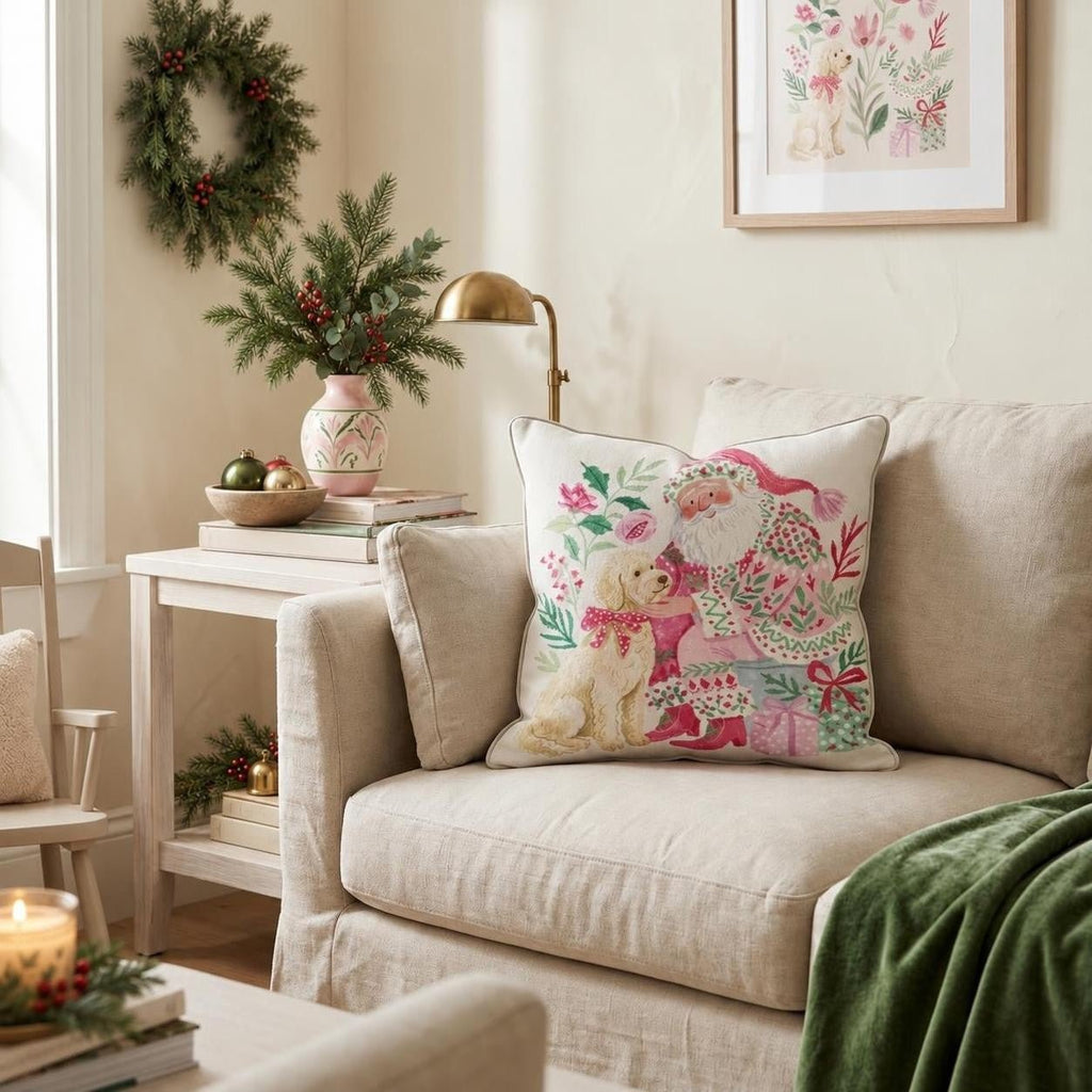 Goldendoodle with Santa Throw Pillow throw pillow - Hillcroft Home
