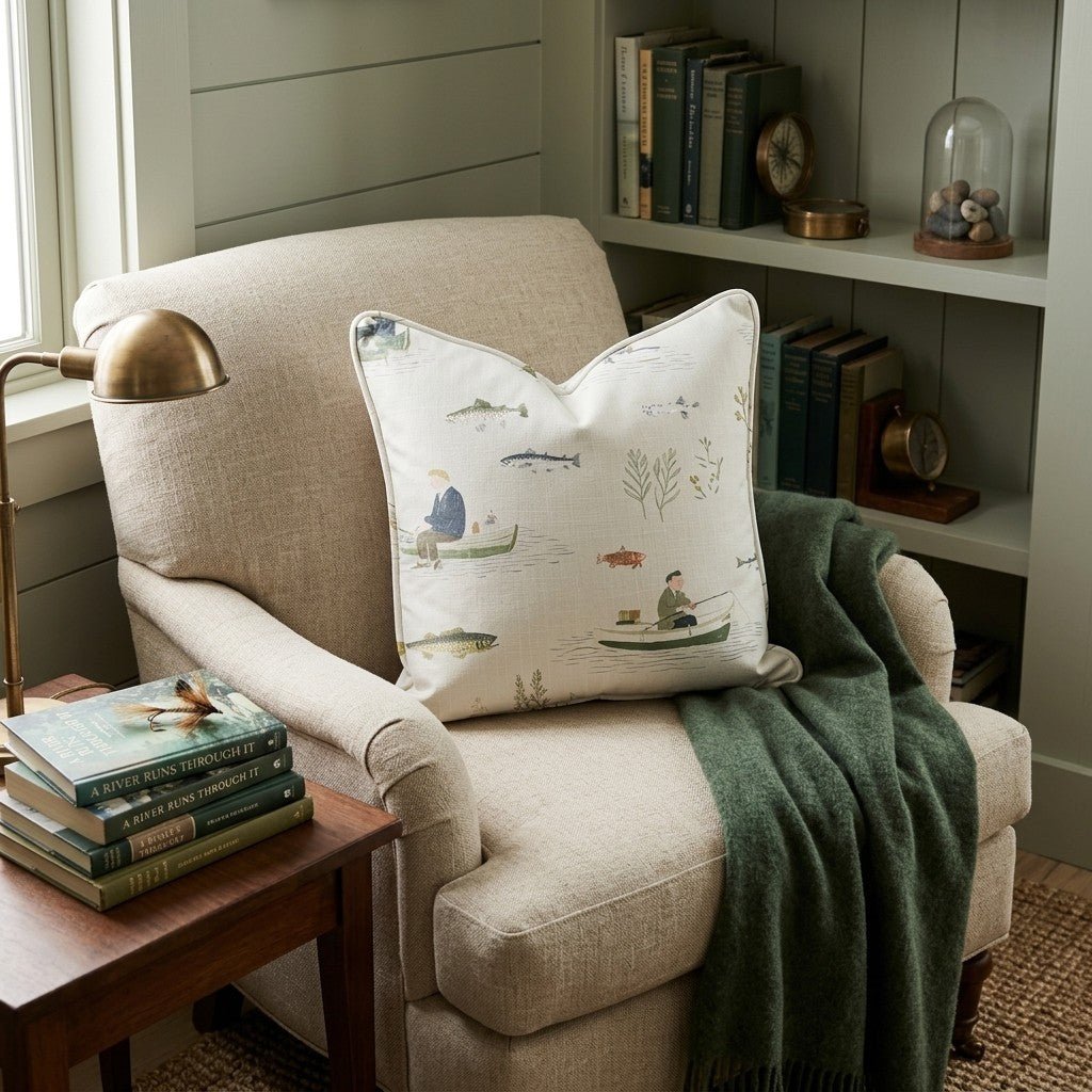 Gone Fishing Toile Throw Pillow - Hillcroft Home