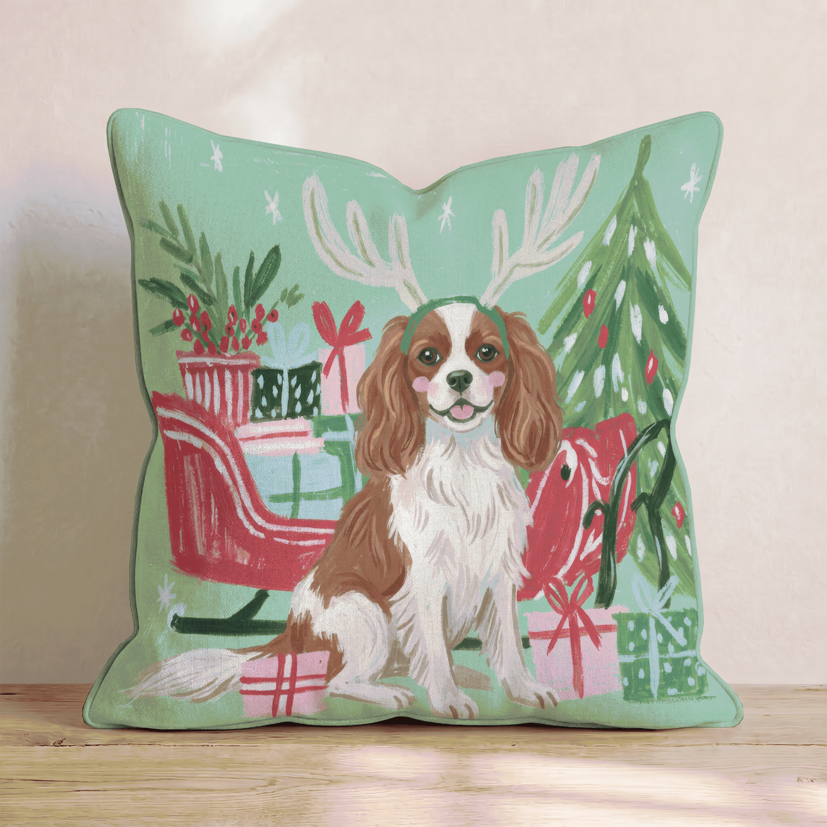 Green Meadow Cavalier King Charles Spaniel Antlers Throw Pillow - Hillcroft Home