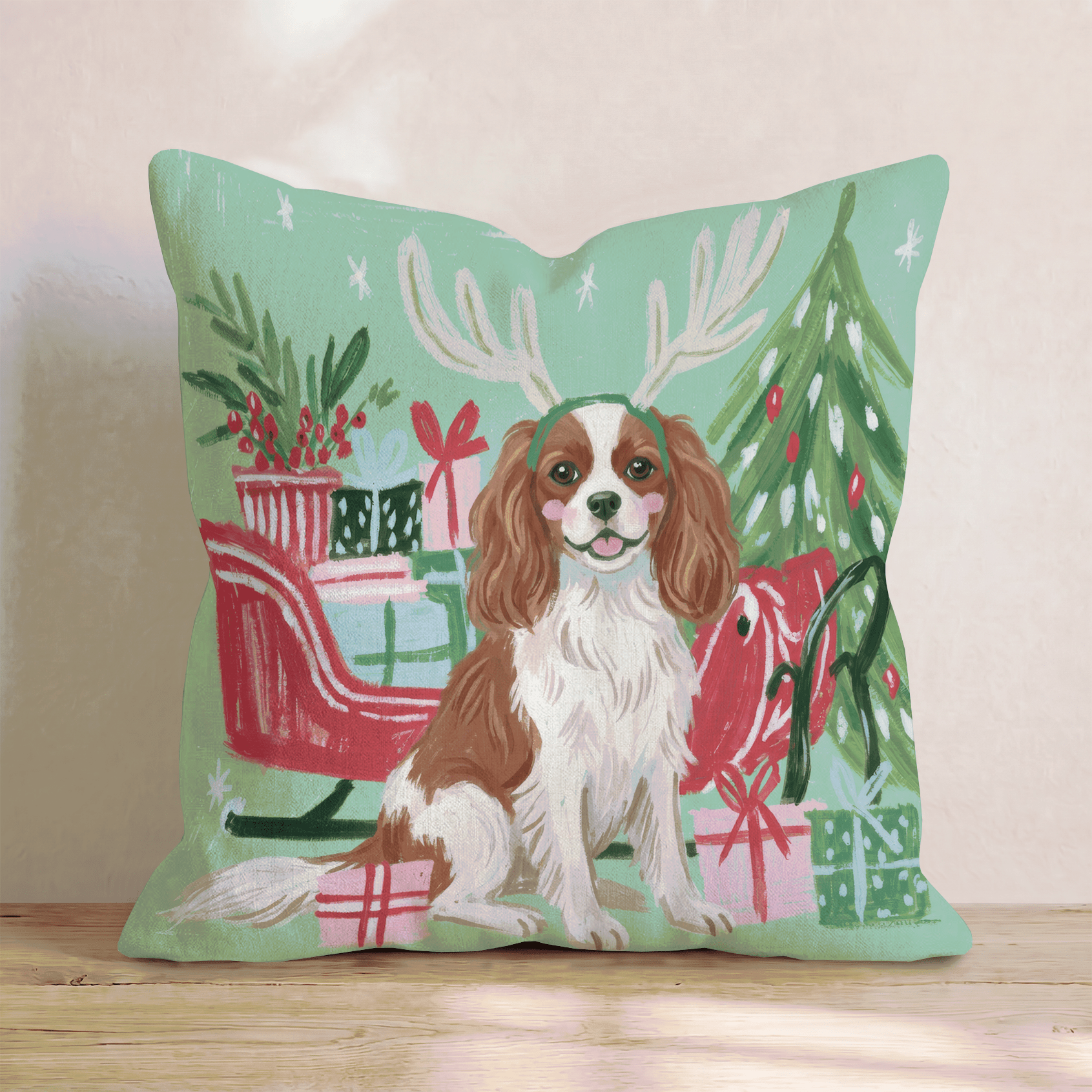 Green Meadow Cavalier King Charles Spaniel Antlers Throw Pillow - Hillcroft Home