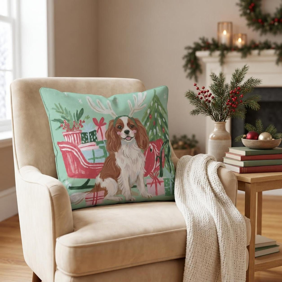Green Meadow Cavalier King Charles Spaniel Antlers Throw Pillow throw pillow - Hillcroft Home