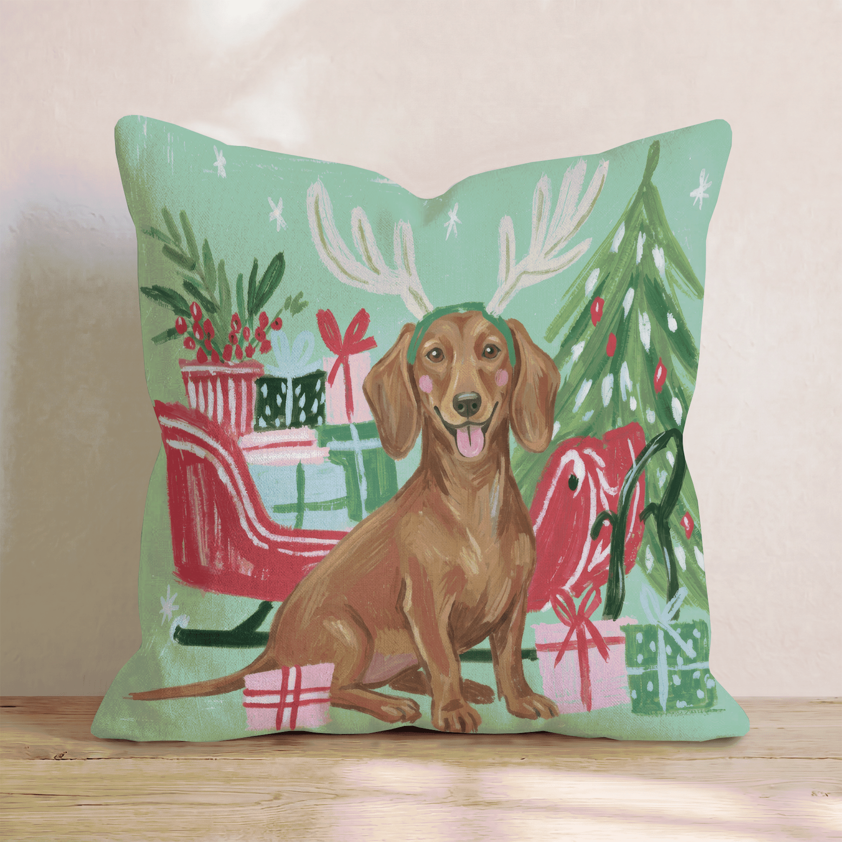 Green Meadow Dachshund Antlers Throw Pillow - Hillcroft Home