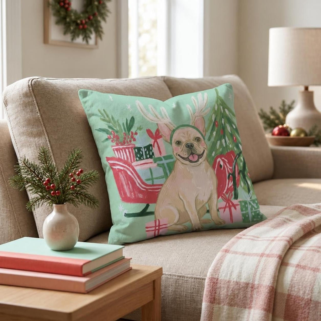 Green Meadow French Bulldog Antlers Throw Pillow throw pillow - Hillcroft Home