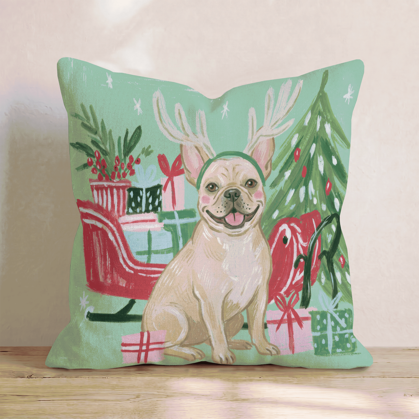 Green Meadow French Bulldog Antlers Throw Pillow - Hillcroft Home