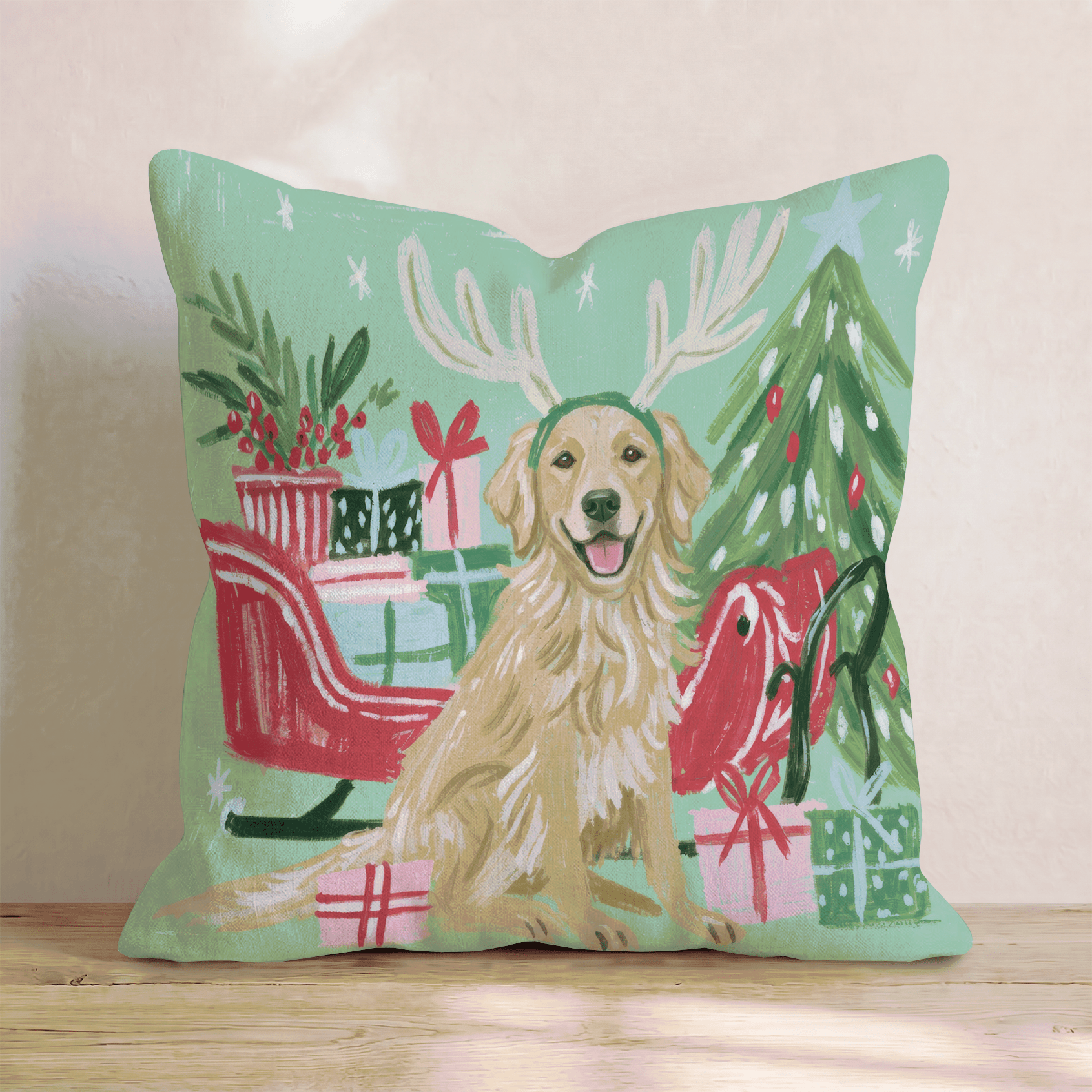 Green Meadow Golden Retriever Antlers Throw Pillow - Hillcroft Home