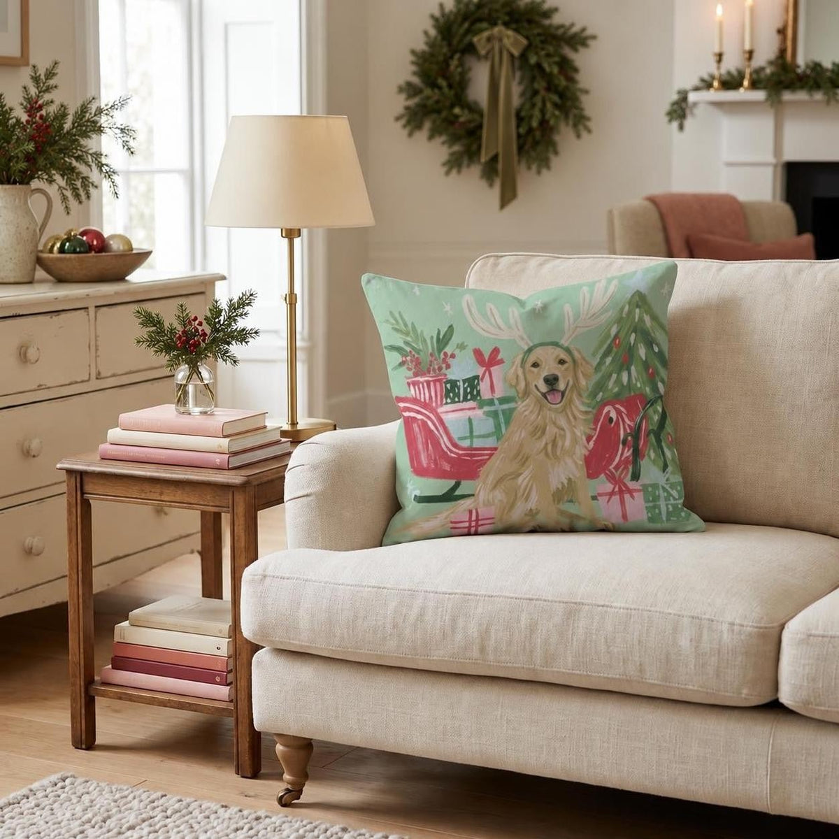 Green Meadow Golden Retriever Antlers Throw Pillow throw pillow - Hillcroft Home