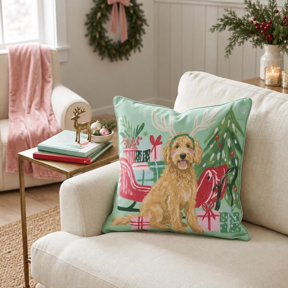Green Meadow Goldendoodle Antlers Throw Pillow throw pillow - Hillcroft Home