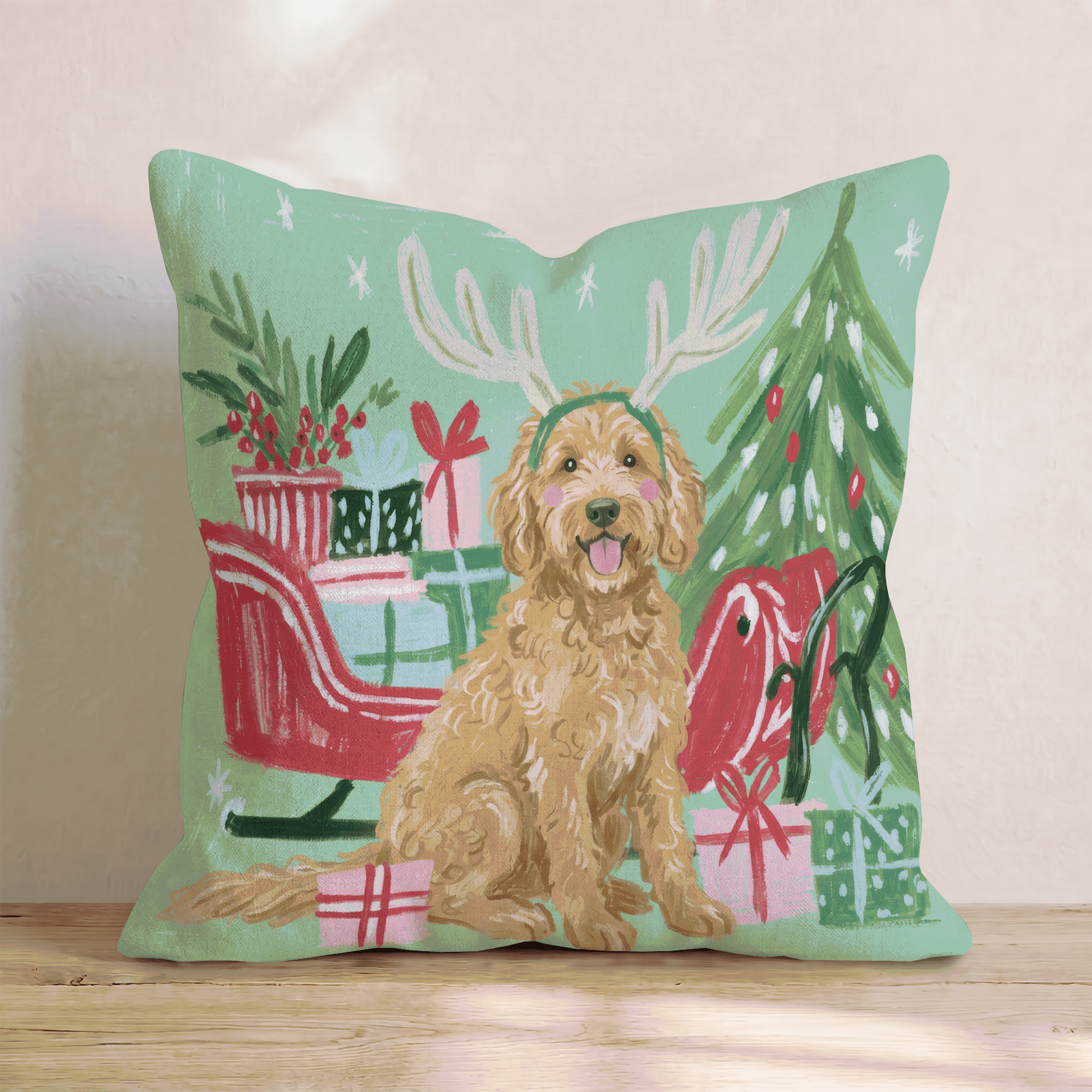 Green Meadow Labradoodle Antlers Throw Pillow - Hillcroft Home