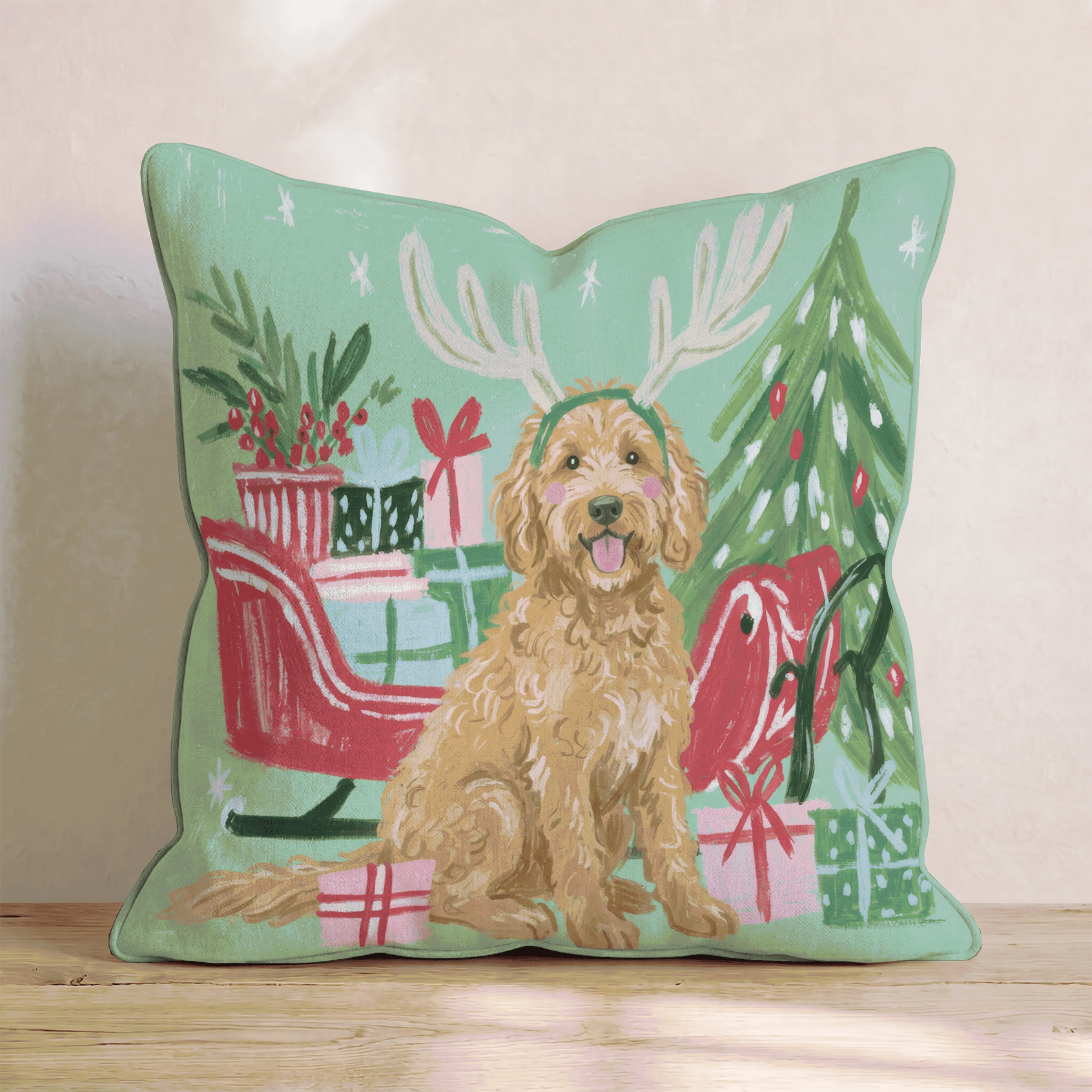 Green Meadow Labradoodle Antlers Throw Pillow - Hillcroft Home