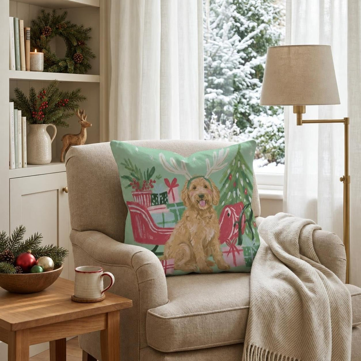 Green Meadow Labradoodle Antlers Throw Pillow throw pillow - Hillcroft Home