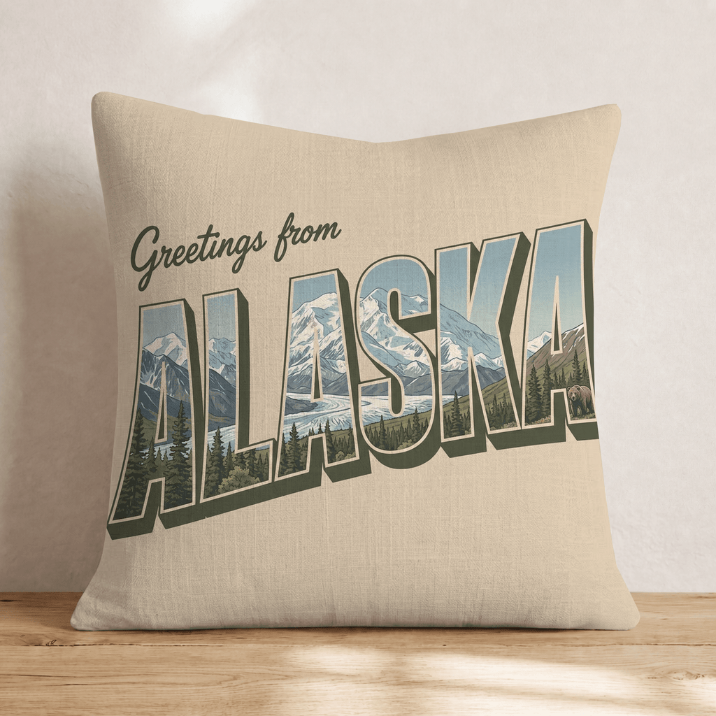Greetings From Alaska Throw Pillow - Hillcroft Home