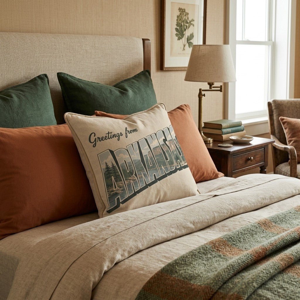 Greetings From Arkansas Throw Pillow - Hillcroft Home
