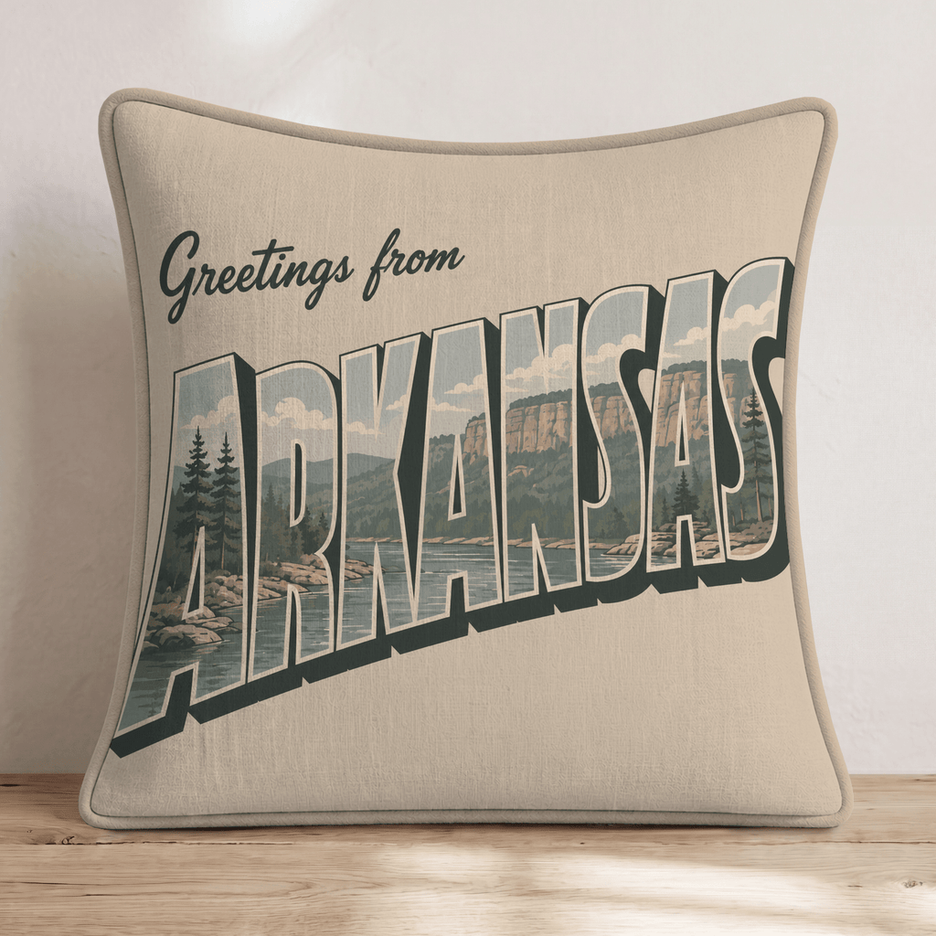 Greetings From Arkansas Throw Pillow - Hillcroft Home