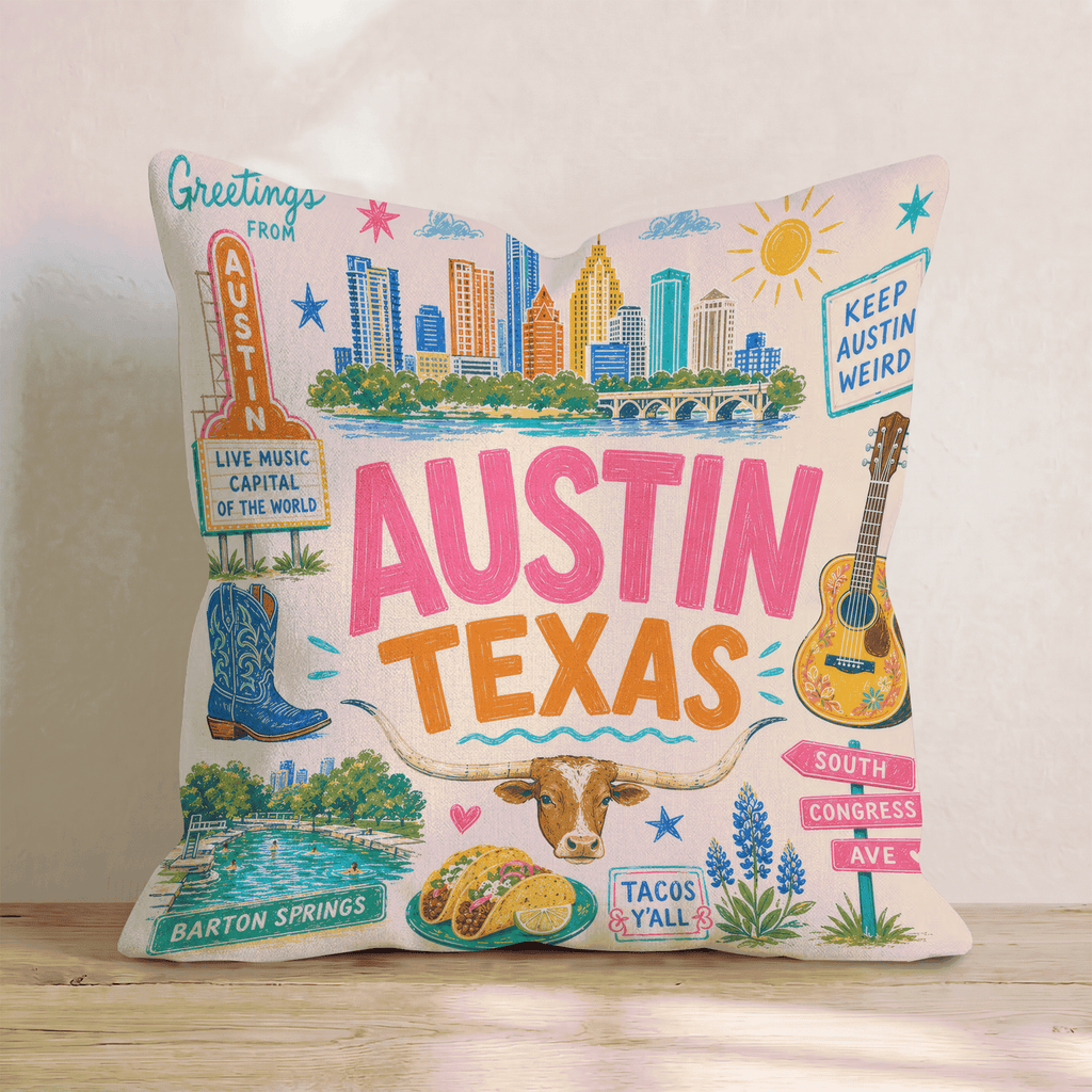 Greetings From Austin Throw Pillow - Hillcroft Home