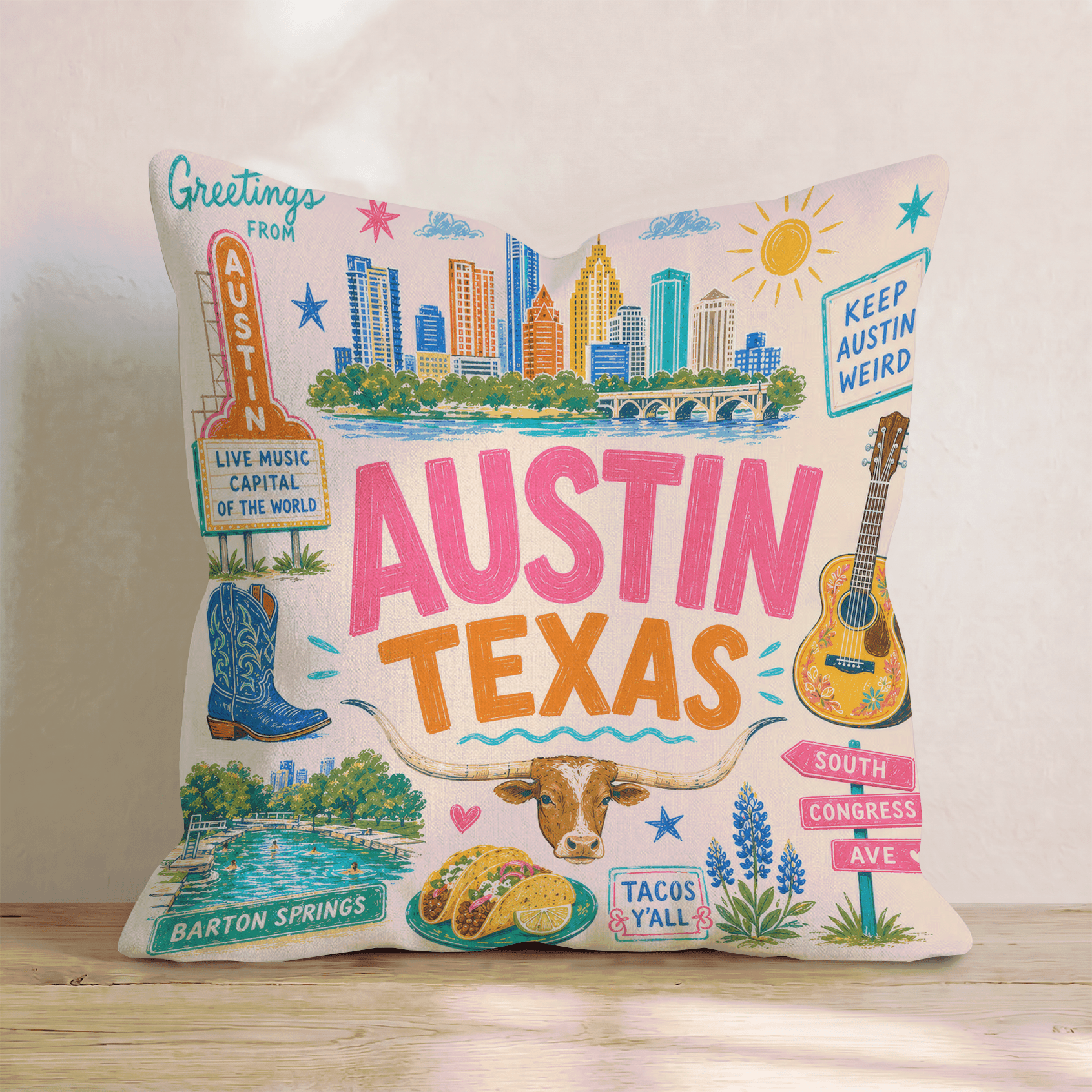 Greetings From Austin Throw Pillow - Hillcroft Home