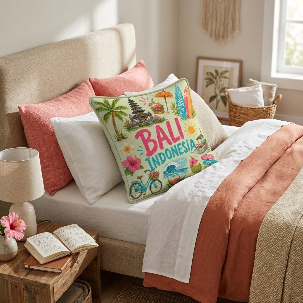 Greetings From Bali Throw Pillow - Hillcroft Home