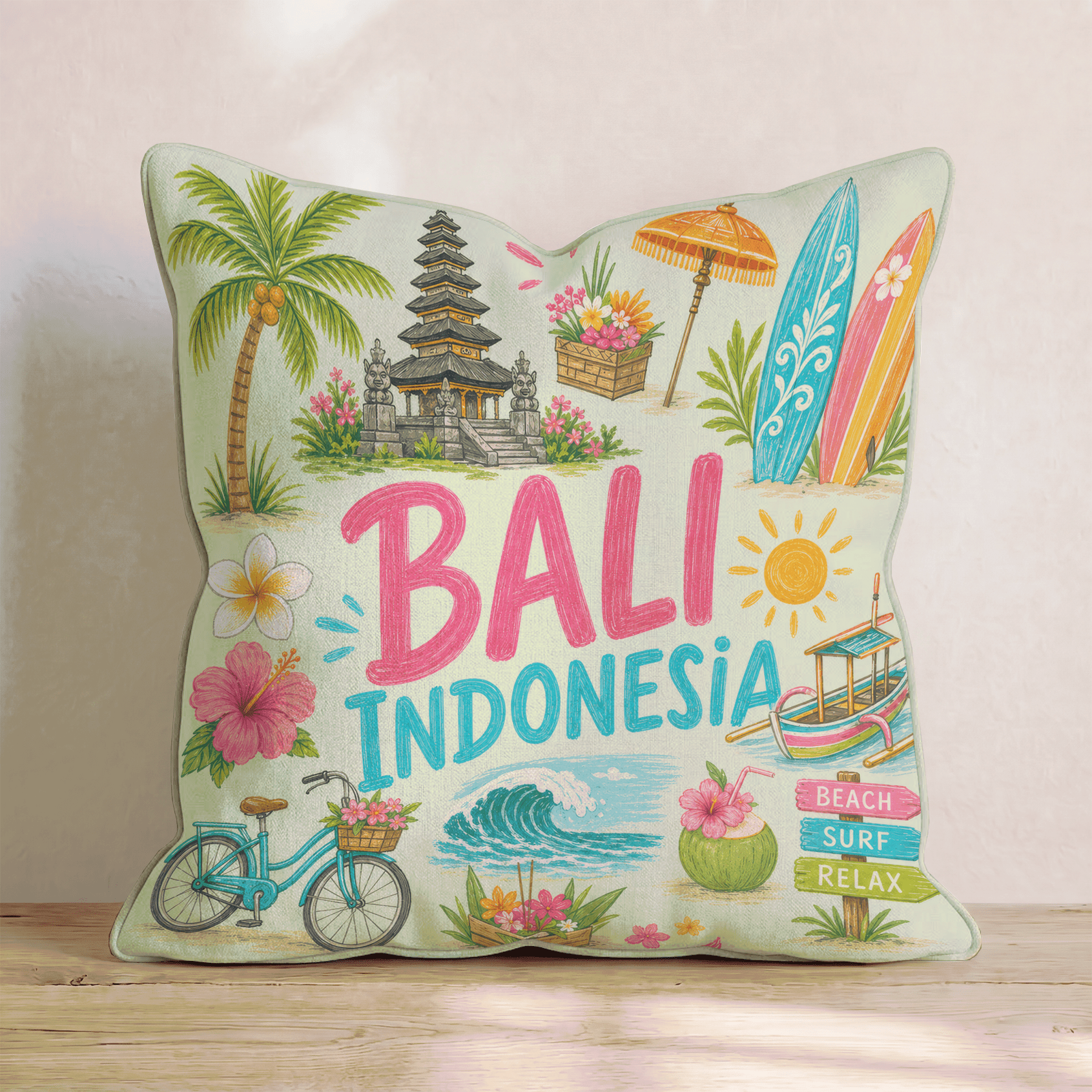 Greetings From Bali Throw Pillow - Hillcroft Home
