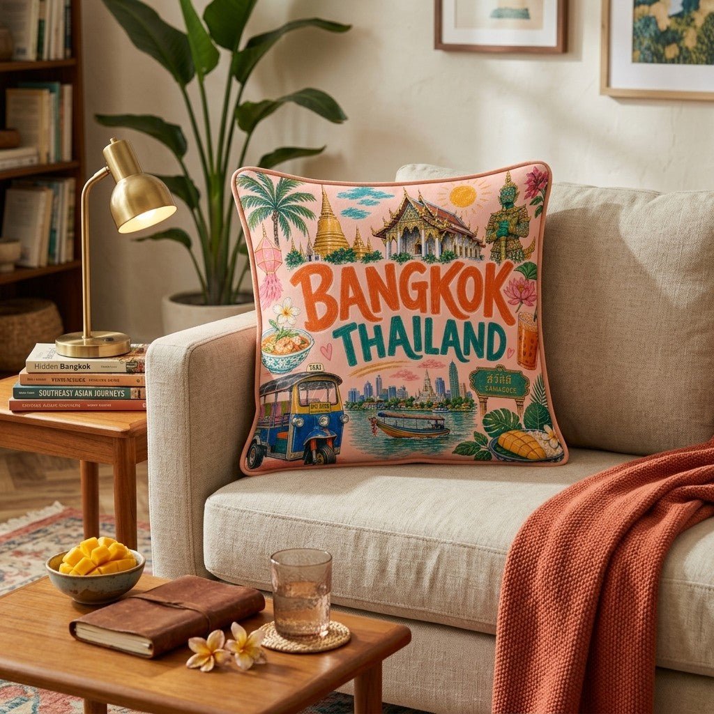 Greetings From Bangkok Throw Pillow - Hillcroft Home