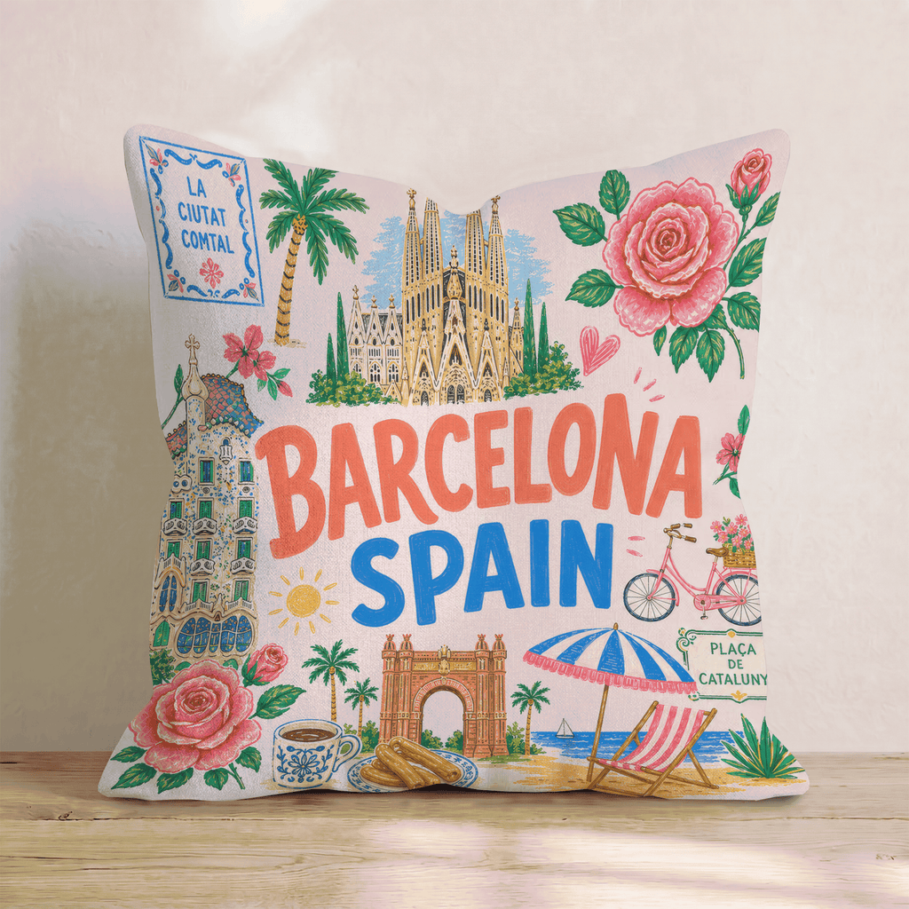Greetings From Barcelona Throw Pillow - Hillcroft Home