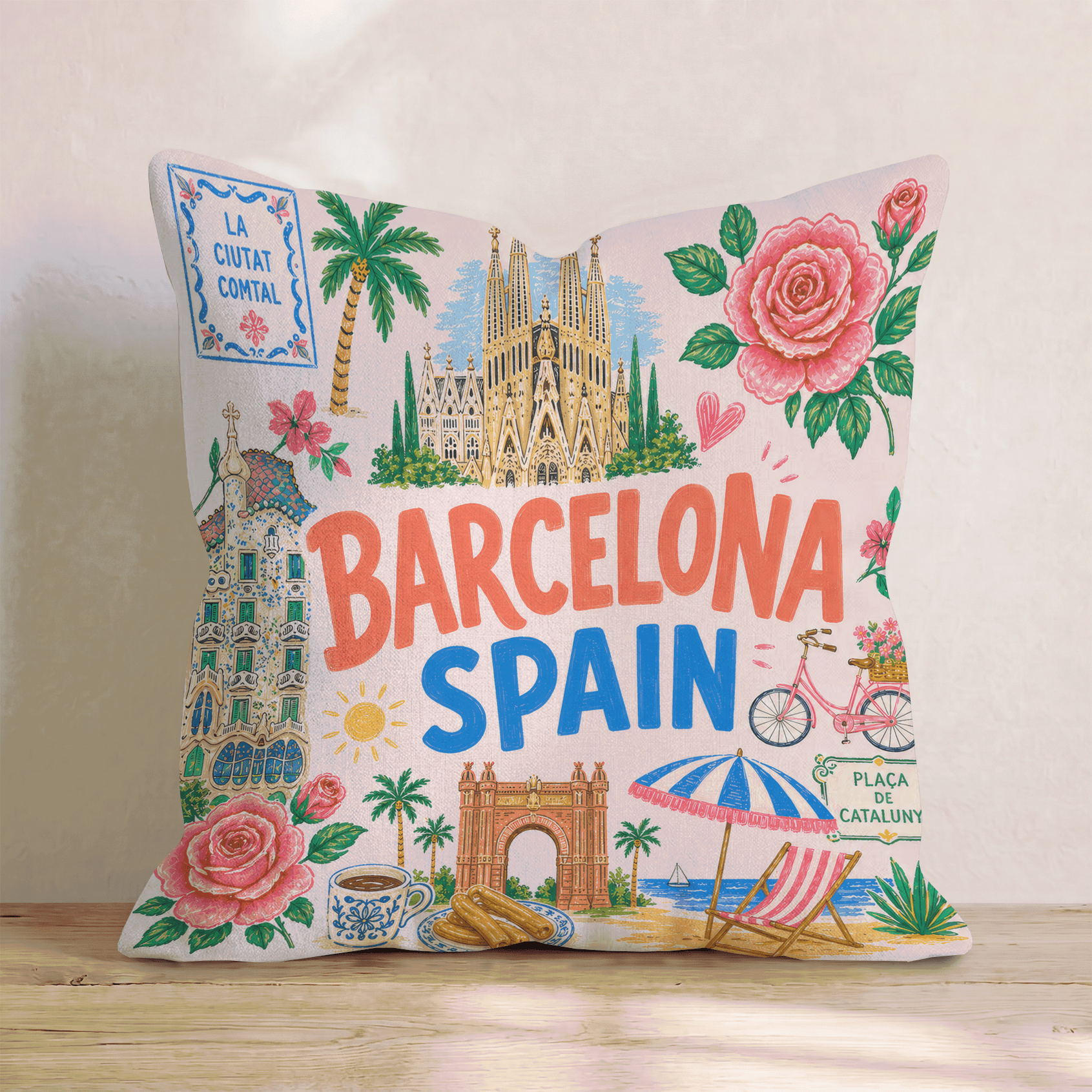 Greetings From Barcelona Throw Pillow - Hillcroft Home