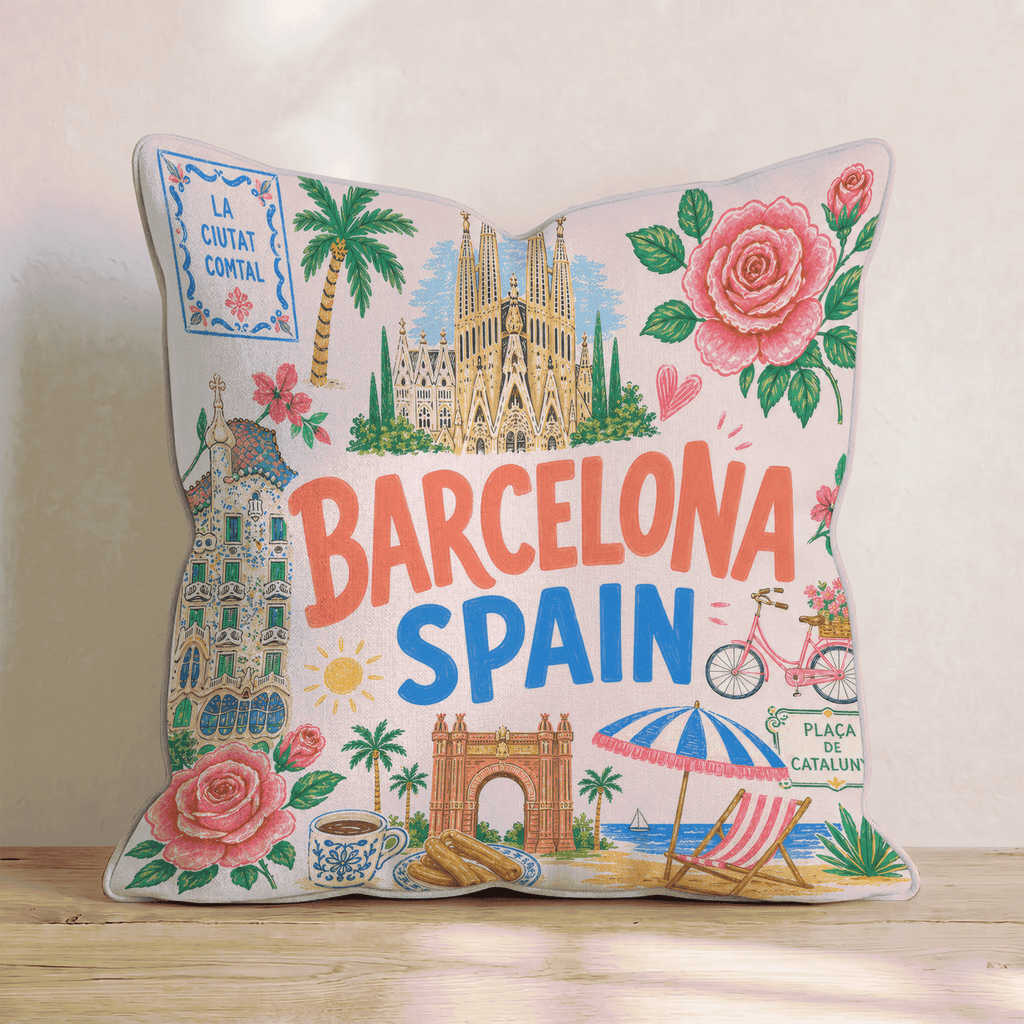 Greetings From Barcelona Throw Pillow - Hillcroft Home